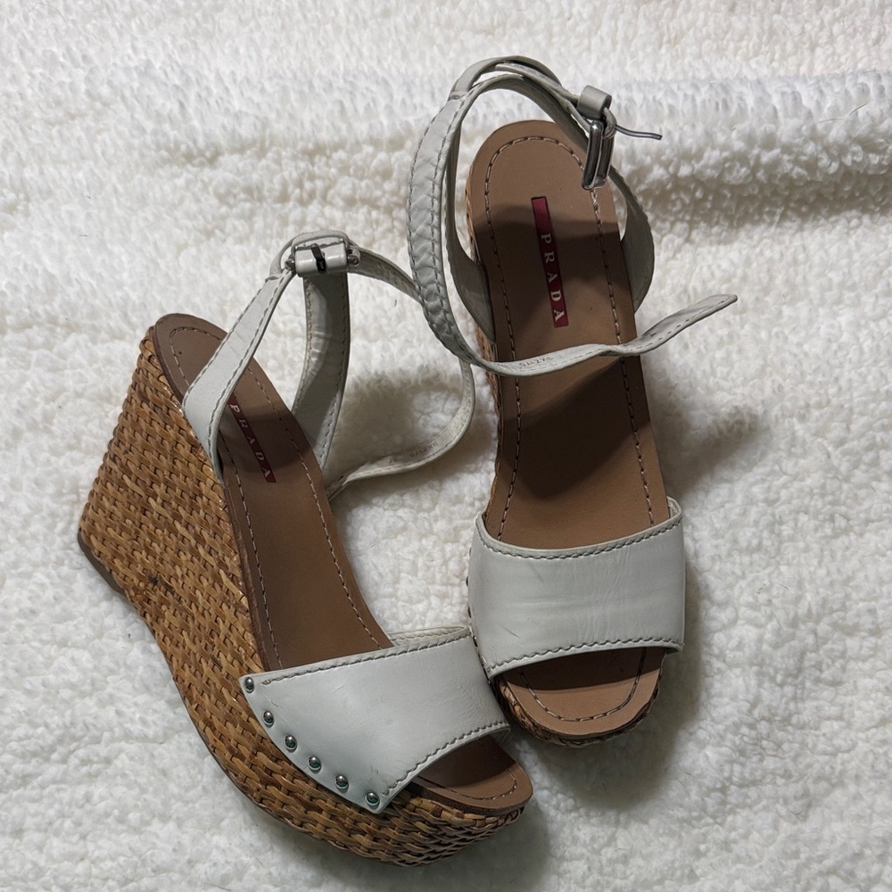 Prada Cream and Tan Wedge Sandals